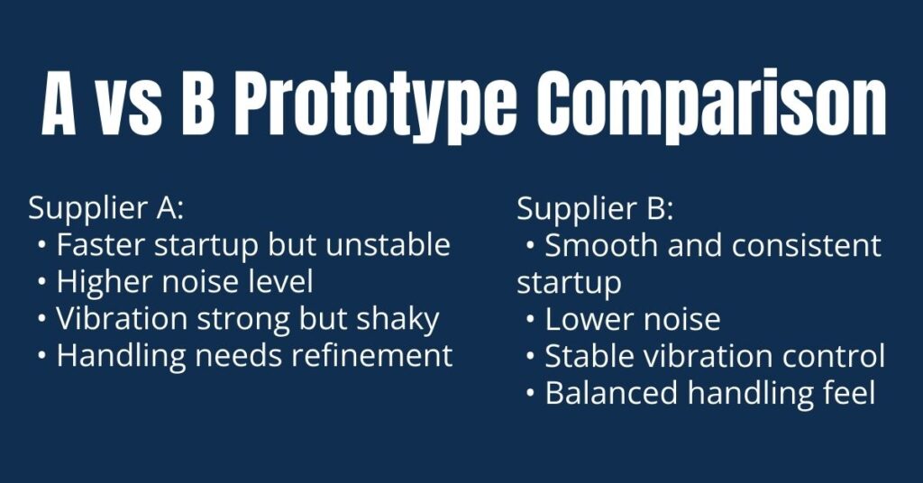 A vs B prototype comparison for body trimmer OEM selection, evaluating startup performance, noise, vibration stability, and handling differences between two suppliers